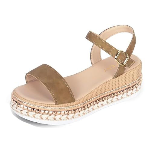 Damensandalen Mit Mittelhohem Keilabsatz, Sommer-Sandalen Mit Verstellbarer Schnalle Und Offenem Zehenbereich Fischmaul-Keilabsatz Für Damen, Freizeit- Rutschfeste Plateau-Strandschuhe(Khaki,40 EU) von YJMZDZQ