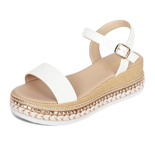 Damensandalen Mit Mittelhohem Keilabsatz, Sommer-Sandalen Mit Verstellbarer Schnalle Und Offenem Zehenbereich Fischmaul-Keilabsatz Für Damen, Freizeit- Rutschfeste Plateau-Strandschuhe(White,42 EU) von YJMZDZQ
