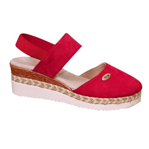 Elegante Sommer-Sandalen Mit Geschlossener Zehenpartie Und Elastischem Knöchelriemen Plateau-Wedges, Geflochtene Sommer-Sandalen Aus Hanfseil Atmungsaktiv Rutschfest, Für Mutter Arbeit(Red,43 EU) von YJMZDZQ