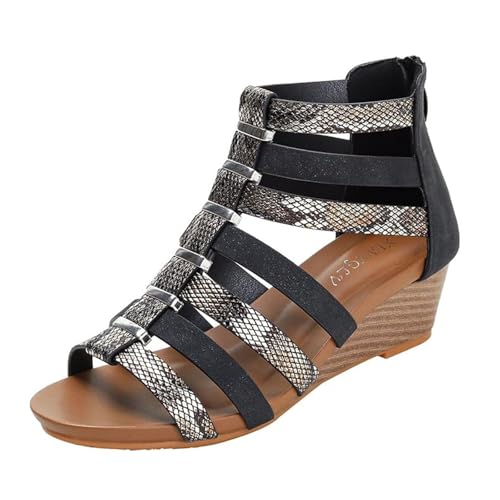 Elegante Sommersandalen Für Damen, Damen-Sandalen Mit Offenem Zehenbereich Reißverschluss Hinten Fischmaul Atmungsaktivem Absatz Und Keilabsatz, Modische Plateauschuhe Für Außenbereich(Black,40 EU) von YJMZDZQ