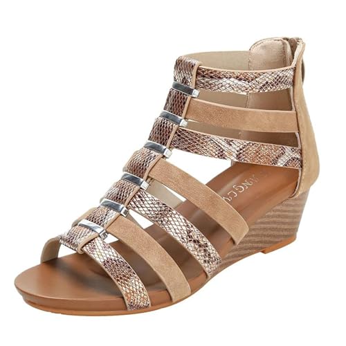 Elegante Sommersandalen Für Damen, Damen-Sandalen Mit Offenem Zehenbereich Reißverschluss Hinten Fischmaul Atmungsaktivem Absatz Und Keilabsatz, Modische Plateauschuhe Für Außenbereich(Camel,37 EU) von YJMZDZQ
