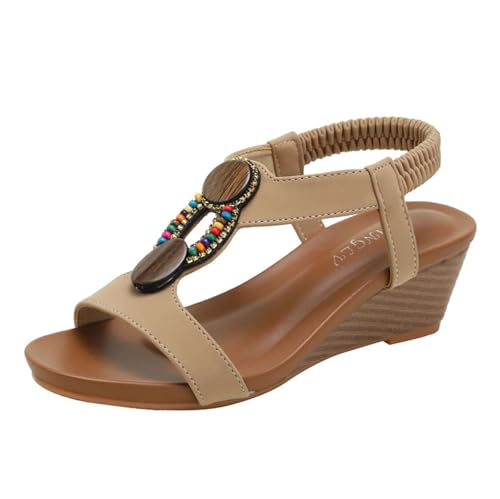 Elegante Und Bequeme Keilabsatzschuhe, Damen-Keilsandalen Mit Elastischem Knöchelriemen Und Strasssteinen Offener Zehenbereich, Atmungsaktive Römerschuhe Für Den Strand, Für Strand(Apricot,42 EU) von YJMZDZQ
