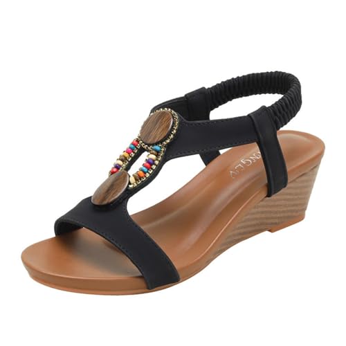 Elegante Und Bequeme Keilabsatzschuhe, Damen-Keilsandalen Mit Elastischem Knöchelriemen Und Strasssteinen Offener Zehenbereich, Atmungsaktive Römerschuhe Für Den Strand, Für Strand(Black,41 EU) von YJMZDZQ