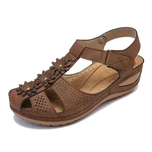 Elegante Und Bequeme Keilabsatzschuhe, Damen-Sandalen Mit Plateau-Keilabsatz Und Vintage-Blumenmuster In Übergröße Geschlossene Zehenpartie Verstellbar(Dark Brown,40 EU) von YJMZDZQ