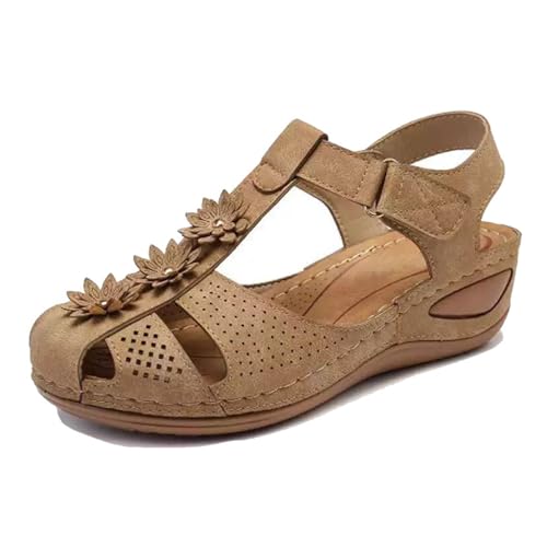 Elegante Und Bequeme Keilabsatzschuhe, Damen-Sandalen Mit Plateau-Keilabsatz Und Vintage-Blumenmuster In Übergröße Geschlossene Zehenpartie Verstellbar(Beige,38 EU) von YJMZDZQ