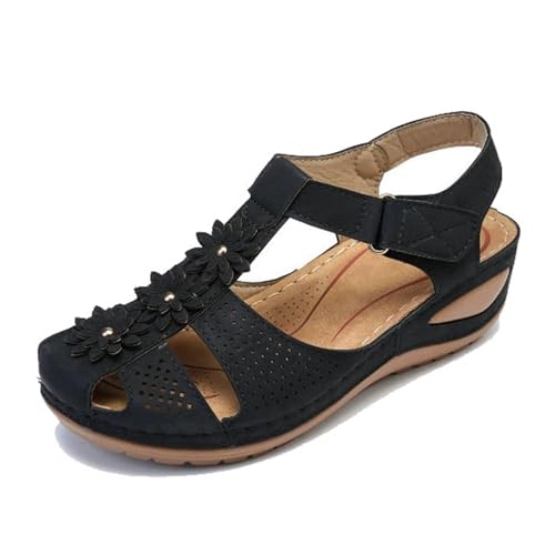 Elegante Und Bequeme Keilabsatzschuhe, Damen-Sandalen Mit Plateau-Keilabsatz Und Vintage-Blumenmuster In Übergröße Geschlossene Zehenpartie Verstellbar(Black,38 EU) von YJMZDZQ