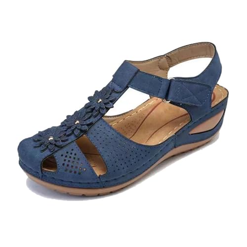 Elegante Und Bequeme Keilabsatzschuhe, Damen-Sandalen Mit Plateau-Keilabsatz Und Vintage-Blumenmuster In Übergröße Geschlossene Zehenpartie Verstellbar(Blue,43 EU) von YJMZDZQ