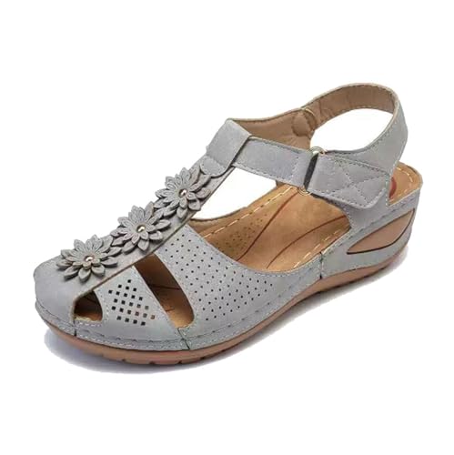 Elegante Und Bequeme Keilabsatzschuhe, Damen-Sandalen Mit Plateau-Keilabsatz Und Vintage-Blumenmuster In Übergröße Geschlossene Zehenpartie Verstellbar(Gris,37 EU) von YJMZDZQ