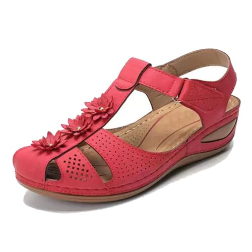 Elegante Und Bequeme Keilabsatzschuhe, Damen-Sandalen Mit Plateau-Keilabsatz Und Vintage-Blumenmuster In Übergröße Geschlossene Zehenpartie Verstellbar(Red,36 EU) von YJMZDZQ