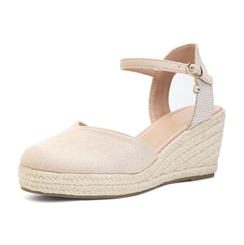 Espadrilles Für Damen, Sommer-Sandalen Mit Verstellbarem Keilabsatz Aus Wildleder Mit Knöchelriemen Und Geschlossener Zehenpartie, Bequemer Keilabsatzschuh Knöchelriemen, Für Familie(Apricot,35 EU) von YJMZDZQ