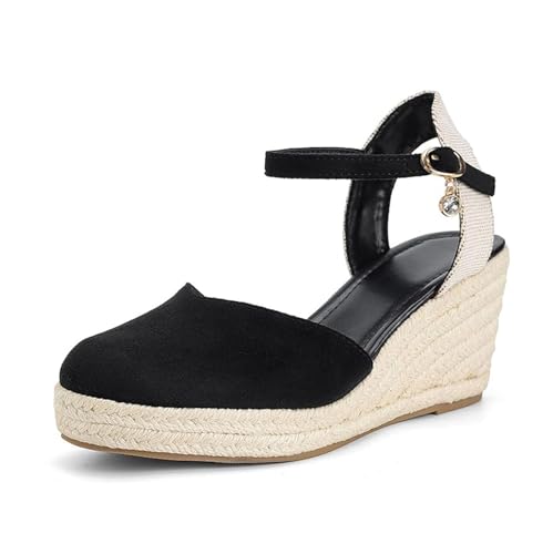 Espadrilles Für Damen, Sommer-Sandalen Mit Verstellbarem Keilabsatz Aus Wildleder Mit Knöchelriemen Und Geschlossener Zehenpartie, Bequemer Keilabsatzschuh Knöchelriemen, Für Familie(Black,36 EU) von YJMZDZQ