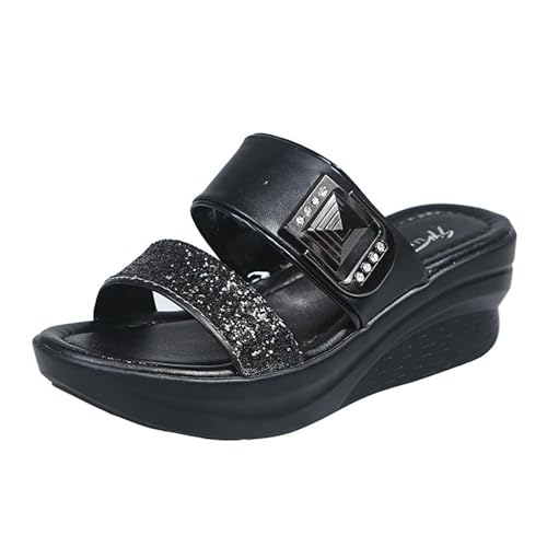 Flache Sandalen Mit Keilabsatz, Damen-Sommer-Slipper Mit Offener Zehenpartie Und Glitzer-Plateau-Keilabsatz, Komfortable Strand-Flip-Flops, Für Spaziergänge Im Freien, Unterhaltung(Black,41 EU) von YJMZDZQ
