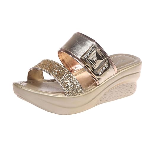 Flache Sandalen Mit Keilabsatz, Damen-Sommer-Slipper Mit Offener Zehenpartie Und Glitzer-Plateau-Keilabsatz, Komfortable Strand-Flip-Flops, Für Spaziergänge Im Freien, Unterhaltung(Gold,35 EU) von YJMZDZQ