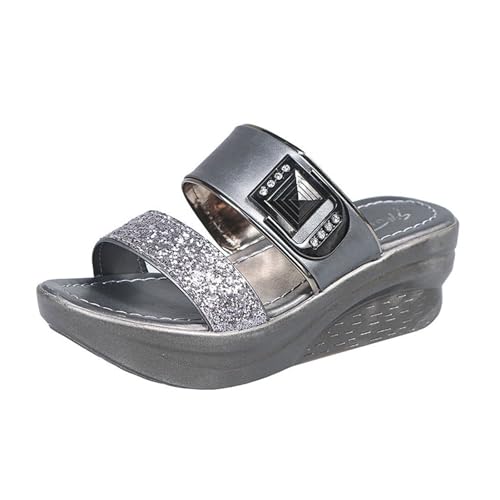 Flache Sandalen Mit Keilabsatz, Damen-Sommer-Slipper Mit Offener Zehenpartie Und Glitzer-Plateau-Keilabsatz, Komfortable Strand-Flip-Flops, Für Spaziergänge Im Freien, Unterhaltung(Gris,36 EU) von YJMZDZQ