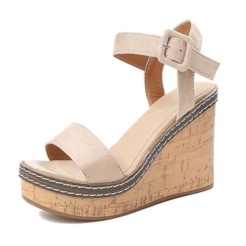 Freizeitschuhe Für Damen Am Strand, Damen-Sandalen Mit Offenem Zehenbereich Verstellbarer Schnalle Und Atmungsaktivem Keilabsatz Und Plateausohle, Rutschfeste Roma-Schuhe Plateausohle(A beige,40 EU) von YJMZDZQ
