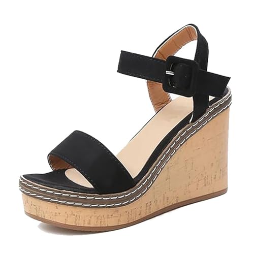Freizeitschuhe Für Damen Am Strand, Damen-Sandalen Mit Offenem Zehenbereich Verstellbarer Schnalle Und Atmungsaktivem Keilabsatz Und Plateausohle, Rutschfeste Roma-Schuhe Plateausohle(A black,40 EU) von YJMZDZQ