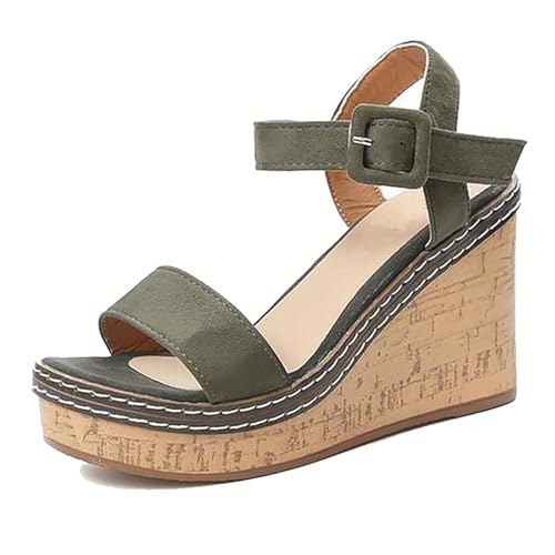 Freizeitschuhe Für Damen Am Strand, Damen-Sandalen Mit Offenem Zehenbereich Verstellbarer Schnalle Und Atmungsaktivem Keilabsatz Und Plateausohle, Rutschfeste Roma-Schuhe Plateausohle(A green,35 EU) von YJMZDZQ