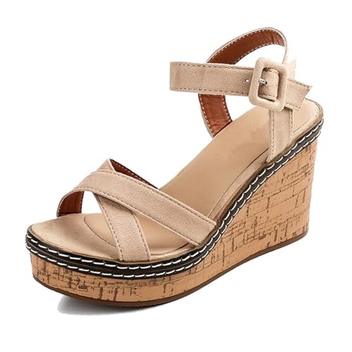 Freizeitschuhe Für Damen Am Strand, Damen-Sandalen Mit Offenem Zehenbereich Verstellbarer Schnalle Und Atmungsaktivem Keilabsatz Und Plateausohle, Rutschfeste Roma-Schuhe Plateausohle(B beige,38 EU) von YJMZDZQ