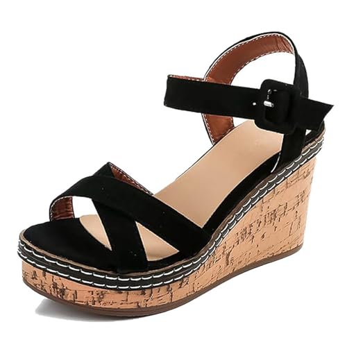 Freizeitschuhe Für Damen Am Strand, Damen-Sandalen Mit Offenem Zehenbereich Verstellbarer Schnalle Und Atmungsaktivem Keilabsatz Und Plateausohle, Rutschfeste Roma-Schuhe Plateausohle(B black,36 EU) von YJMZDZQ