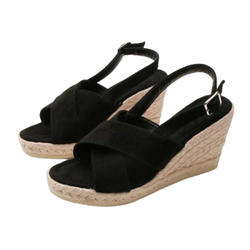 Keilsandalen Für Damen, Bequeme Plateau-Sandalen Mit Überkreuzten Riemchen Und Verstellbarer Schnalle Offener Zehenpartie, Atmungsaktive Rutschfeste Römerschuhe, Wie Jeans Und(Black,37 EU) von YJMZDZQ
