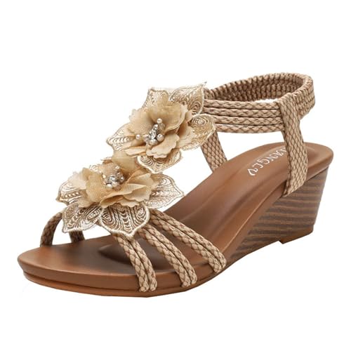 Keilsandalen Für Damen, Lässige Plateau-Sandalen Mit Spitze Blumenmuster T-Bar Elastischem Knöchelbereich Und Offener Spitze Im Boho-Stil, Bequeme rutschfeste Schuhe, Für Meetings(Apricot,40 EU) von YJMZDZQ