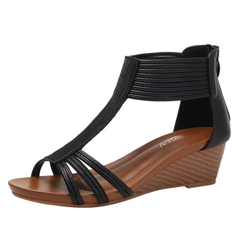 Keilsandalen Für Damen, Sommer-Sandalen Mit Offenem Zehenbereich Reißverschluss Hinten Atmungsaktiv rutschfest Plateau-Keilabsatz, Bequemer Outdoor-Schuh Für Den Strandurlaub, Freizeit(Black,42 EU) von YJMZDZQ