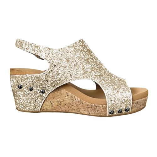 Keilsandalen Mit Nieten Für Damen, Bequeme, Glitzernde Sandalen Mit Offenem Zehenbereich Verstellbarem Plateau Und Riemchenverschluss, Modische Atmungsaktive Strandschuhe In Übergröße(Gold,43 EU) von YJMZDZQ