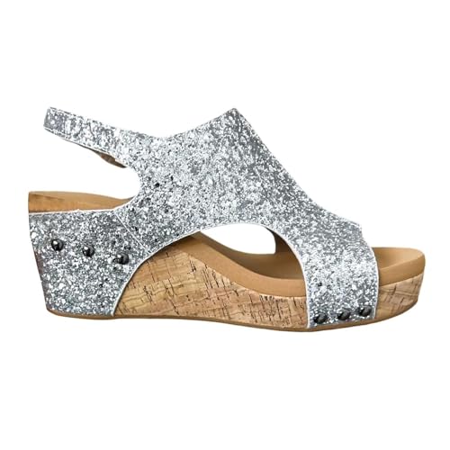 Keilsandalen Mit Nieten Für Damen, Bequeme, Glitzernde Sandalen Mit Offenem Zehenbereich Verstellbarem Plateau Und Riemchenverschluss, Modische Atmungsaktive Strandschuhe In Übergröße(Silver,39 EU) von YJMZDZQ