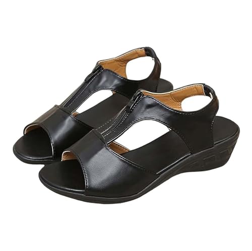 Modische Damen-Sandalen Mit Offenem Zehenbereich Fischgrät-Reißverschluss Atmungsaktiv Keilabsatz, Sommer-Sandalen Mit Lässigem Plateau Rutschfest Für Strand Reisen, Für Spaziergänge(Black,36 EU) von YJMZDZQ