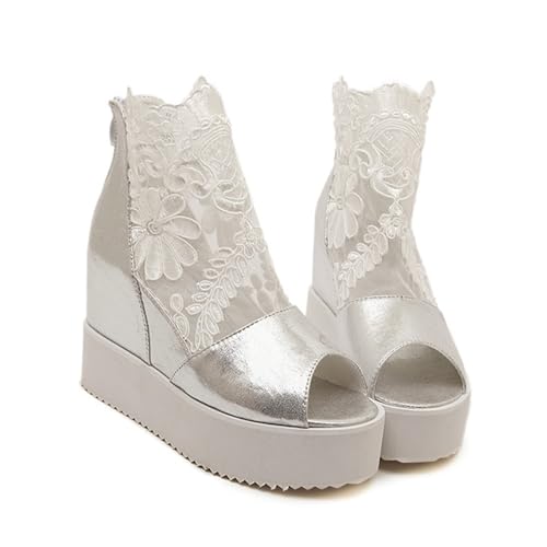 Modische Damen-Sandalen Mit Offenem Zehenbereich Reißverschluss Hinten Und Hohlspitze Fischmaul-Keilabsatz, Sommerliche Lässige Rutschfeste Plateau-Sandalen Für Strand Und Reisen(Silver,35 EU) von YJMZDZQ