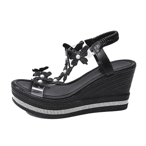Modische Plateau-Sandalen Mit Schmetterlingsdekor Strasssteinen Und Elastischem Riemen Keilabsatz, Lässige Atmungsaktive Und Rutschfeste Sandalen Mit Offener Spitze, Für Sommer, Reisen(Black,39 EU) von YJMZDZQ