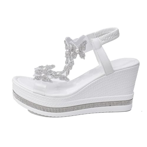Modische Plateau-Sandalen Mit Schmetterlingsdekor Strasssteinen Und Elastischem Riemen Keilabsatz, Lässige Atmungsaktive Und Rutschfeste Sandalen Mit Offener Spitze, Für Sommer, Reisen(White,41 EU) von YJMZDZQ