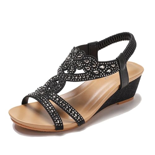 Modische Sommer-Römerschuhe, Boho-Sandalen Mit Verstellbaren Elastischen Riemen Strasssteinen Und Offener Spitze Keilabsatz, Bequeme Atmungsaktive rutschfeste Plateauschuhe, Freien(Black,42 EU) von YJMZDZQ