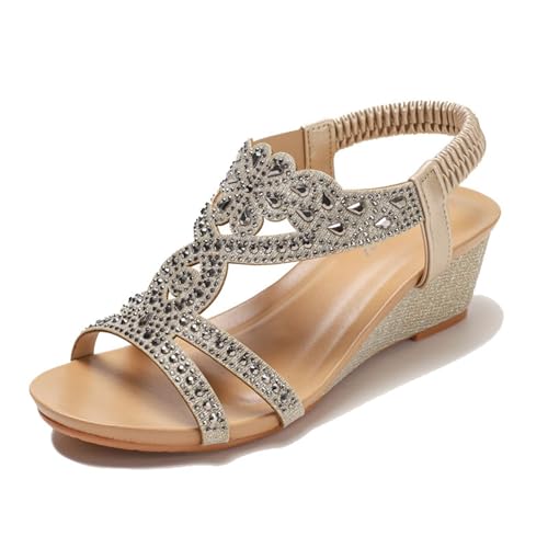 Modische Sommer-Römerschuhe, Boho-Sandalen Mit Verstellbaren Elastischen Riemen Strasssteinen Und Offener Spitze Keilabsatz, Bequeme Atmungsaktive rutschfeste Plateauschuhe, Freien(Gold,42 EU) von YJMZDZQ