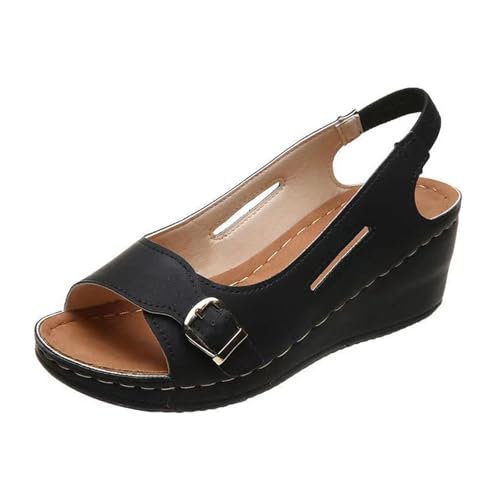 Offene Damen-Keilsandalen, Damen-Keilsandalen Mit Verstellbarer Schnalle Fischmaul-Fußkettchen Und Elastischem Knöchelriemen, Modische Atmungsaktive Römerschuhe Für Den Sommer, Freien(Black,37 EU) von YJMZDZQ