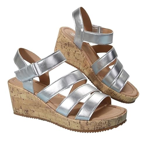 Offene Damen-Sommersandalen Mit Keilabsatz, Verstellbare Offene Riemchensandalen Mit Plateausohle Rutschfest Atmungsaktiv Für Den Außenbereich Geeignet, Passend Allen Kleidungsstücken(Silver,41 EU) von YJMZDZQ