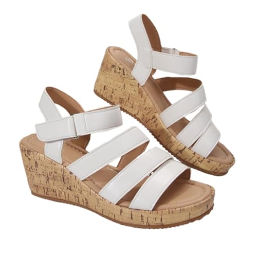Offene Damen-Sommersandalen Mit Keilabsatz, Verstellbare Offene Riemchensandalen Mit Plateausohle Rutschfest Atmungsaktiv Für Den Außenbereich Geeignet, Passend Allen Kleidungsstücken(White,37 EU) von YJMZDZQ