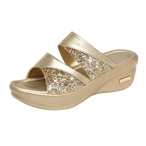 Plateau-Slipper Keilabsatz, Damen-Sommerschuhe Mit Offener Zehenpartie Glitzer-Sandalen Mit Fischmaul-Keilabsatz Zum Hineinschlüpfen, Bequeme Atmungsaktive Strandsandalen Außenbereich(Gold,37 EU) von YJMZDZQ