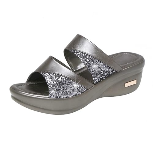 Plateau-Slipper Keilabsatz, Damen-Sommerschuhe Mit Offener Zehenpartie Glitzer-Sandalen Mit Fischmaul-Keilabsatz Zum Hineinschlüpfen, Bequeme Atmungsaktive Strandsandalen Außenbereich(Gris,41 EU) von YJMZDZQ