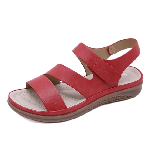 Retro-Sandalen Mit Keilabsatz, Leichte Verstellbare Sommer-Sandalen Mit Offenem Zehenbereich Für Damen, Bequeme Rutschfeste Strandschuhe In Übergröße, Für Spaziergänge, Reisen, Shopping(Red,36 EU) von YJMZDZQ