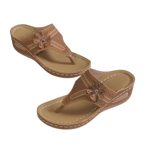 Sandalen Für Damen Mit Keilabsatz, Sommer-Flip-Flops Mit Offener Zehenpartie Blumenmuster Atmungsaktiv Keilabsatz, Bequemer Orthopädischer Plateauschuh Für Alltag, Für Spaziergänge(Dark brown,43 EU) von YJMZDZQ