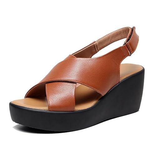 Sandalen Mit Keilabsatz Für Damen, Lässige Sandalen Mit Offenem Zehenbereich Verstellbarem Plateau Und Kreuzriemen Fischmaul-Design, Bequeme Passform Atmungsaktive Riemchenschuhe(Light Brown,39 EU) von YJMZDZQ