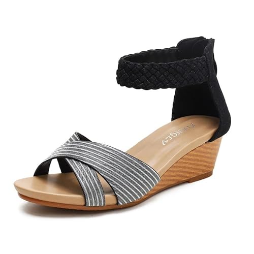 Sommer-Plateau-Sandalen Keilabsatz, Damen-Sandalen Mit Offener Spitze, Geflochtenem Römersandalen Mit Reißverschluss Hinten Und Geflochtenem Keilabsatz, Modische Lässige Strandschuhe(Black,37 EU) von YJMZDZQ