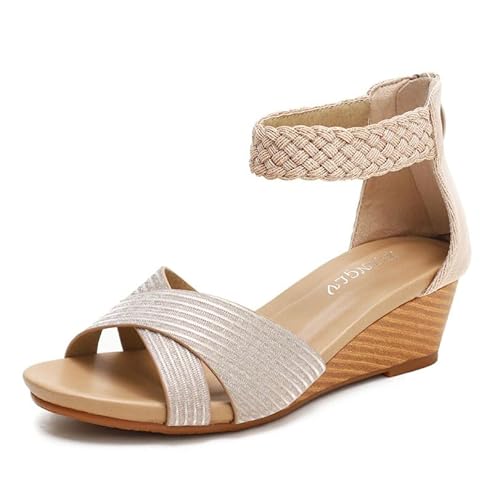 Sommer-Plateau-Sandalen Keilabsatz, Damen-Sandalen Mit Offener Spitze, Geflochtenem Römersandalen Mit Reißverschluss Hinten Und Geflochtenem Keilabsatz, Modische Lässige Strandschuhe(Champagne,41 EU) von YJMZDZQ
