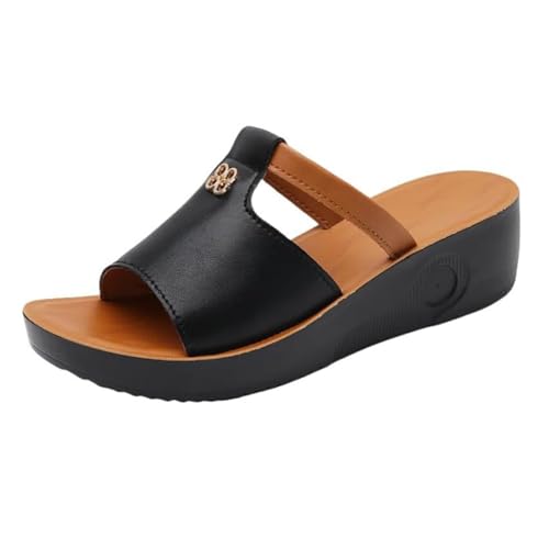 Sommer-Sandalen Mit Offenem Zehenbereich Und Keilabsatz, Damen-Sandalen Aus Leder Mit Offenem Zehenbereich Atmungsaktiv Rutschfest Plateau-Keilabsatz, Modische Outdoor-Schuhe Strandurlaub(Black,37 EU) von YJMZDZQ