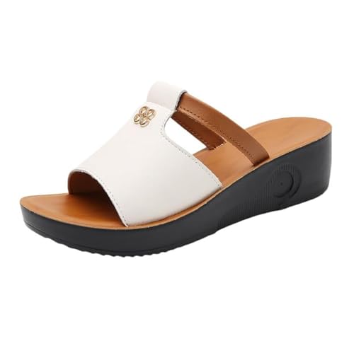 Sommer-Sandalen Mit Offenem Zehenbereich Und Keilabsatz, Damen-Sandalen Aus Leder Mit Offenem Zehenbereich Atmungsaktiv Rutschfest Plateau-Keilabsatz, Modische Outdoor-Schuhe Strandurlaub(White,39 EU) von YJMZDZQ