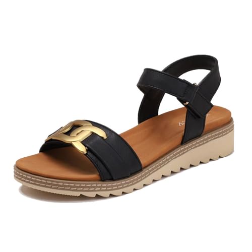 Sommer-Sandalen Mit Offener Spitze Und Verstellbarem Plateau-Keilabsatz Und Metallkette, Freizeitschuhe Mit Rutschfester Atmungsaktiver Sohle Für Den Strand, Für Spaziergänge, Shopping(Black,37 EU) von YJMZDZQ