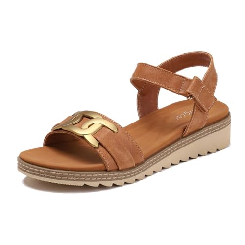 Sommer-Sandalen Mit Offener Spitze Und Verstellbarem Plateau-Keilabsatz Und Metallkette, Freizeitschuhe Mit Rutschfester Atmungsaktiver Sohle Für Den Strand, Für Spaziergänge, Shopping(Brown,42 EU) von YJMZDZQ