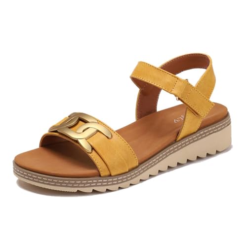 Sommer-Sandalen Mit Offener Spitze Und Verstellbarem Plateau-Keilabsatz Und Metallkette, Freizeitschuhe Mit Rutschfester Atmungsaktiver Sohle Für Den Strand, Für Spaziergänge, Shopping(Yellow,38 EU) von YJMZDZQ