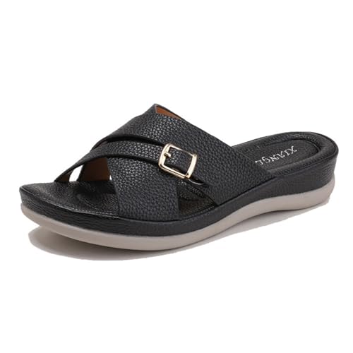 Sommer-Slipper Mit Plateausohle Und Keilabsatz, Damen-Sandalen In Übergröße Mit Offenem Zehenbereich Und Gekreuzten Riemchen Niedrigem Keilabsatz, Rutschfeste Atmungsaktive Outdoor(Black,41 EU) von YJMZDZQ